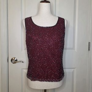 Marina by Marina Bresler Burgundy & Black Beaded Embellished Sleeveless Top